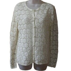Vintage Red Peacock Hand Crochet White Lace Cardigan Cottagecore Boho Top LG